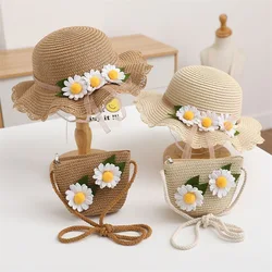 1 Pcs Summer Straw Hats Girls Flower Wide Brim Hat And with Shoulder Bag Set Princess Beach Travel Sun Protection Fisherman Caps