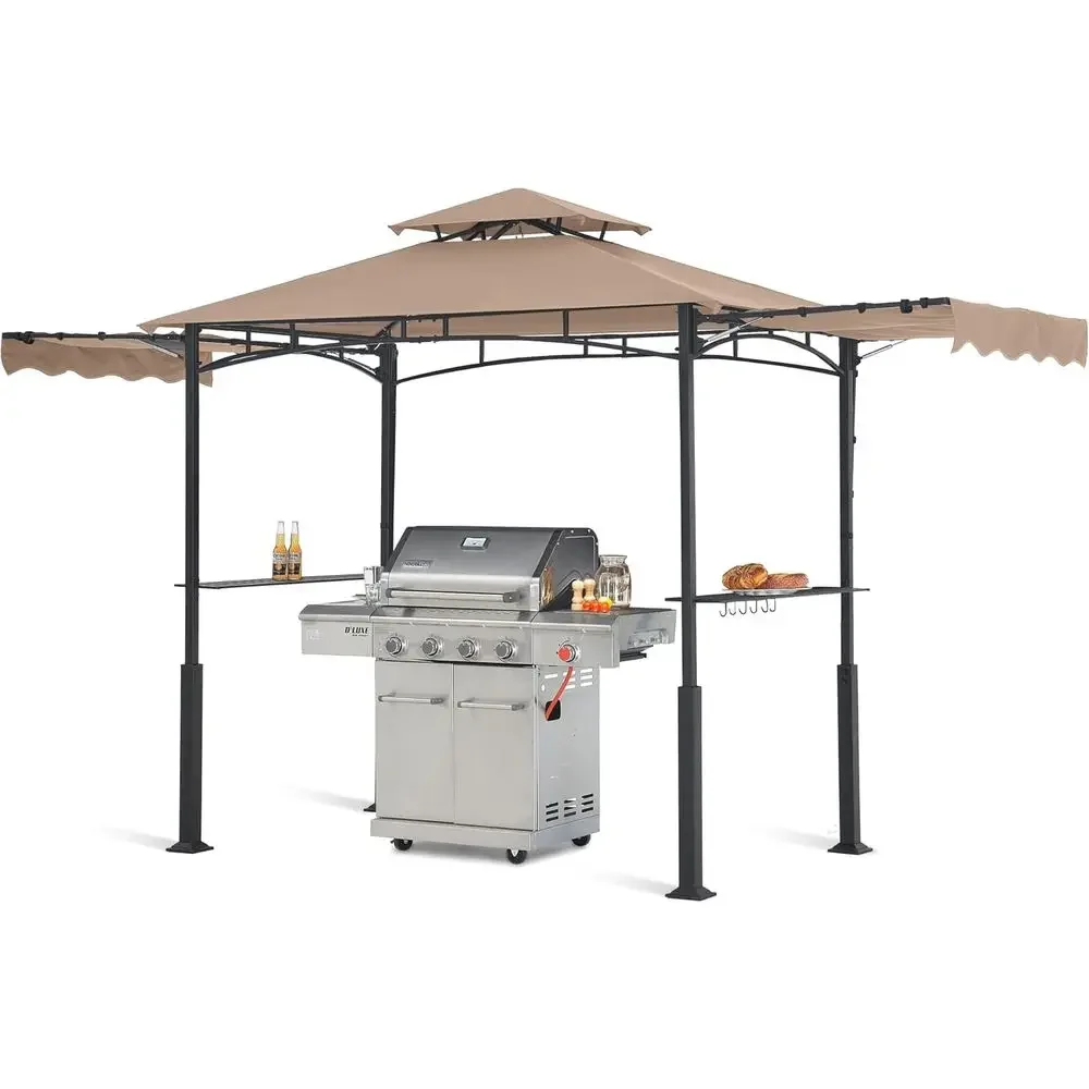 14x5 Outdoor BBQ Shelter with 2 Side Awnings and LED Lights, Khaki