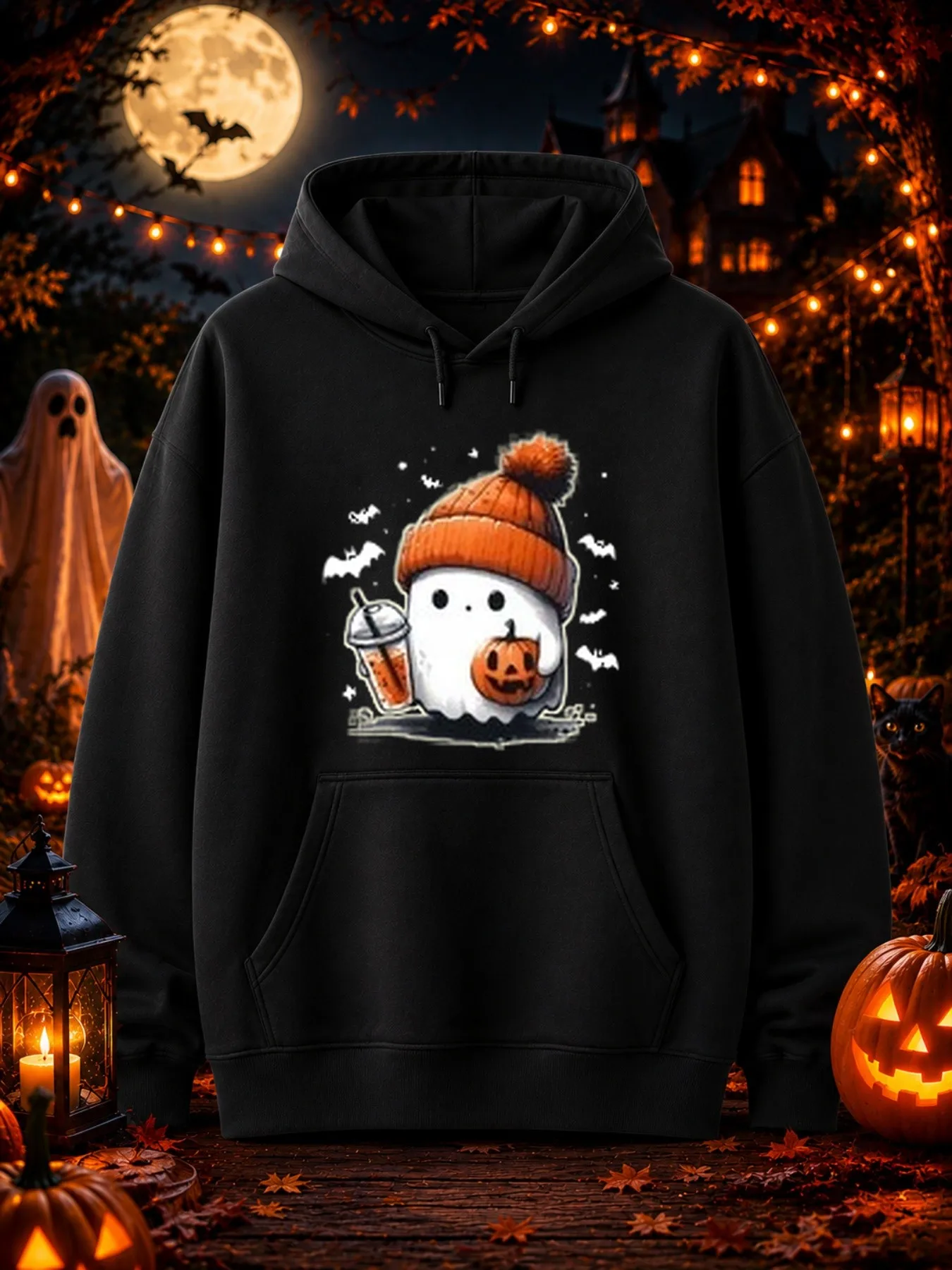 Men's Printed Hoodie with Cartoon White Design and Orange Pom-Pom Beanie, Holding Iced Coffee and Mini Pumpkin Lantern, Halloween Special Edition Retro Street Style Sweatshirt, Trendy Casual Autumn Outfit