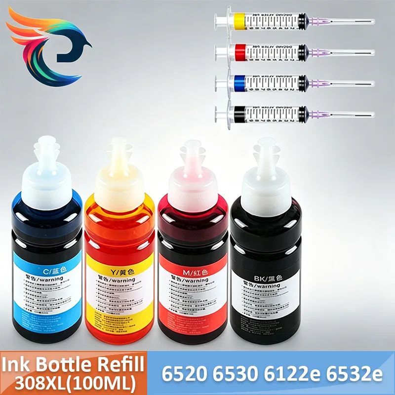 

308 Ink Bottle Refill Kit with Flat Nozzle Needle Syringe Tool for 308XL 308e Ink Cartridges for HP ENVY 6110 6120 6130 6520 653