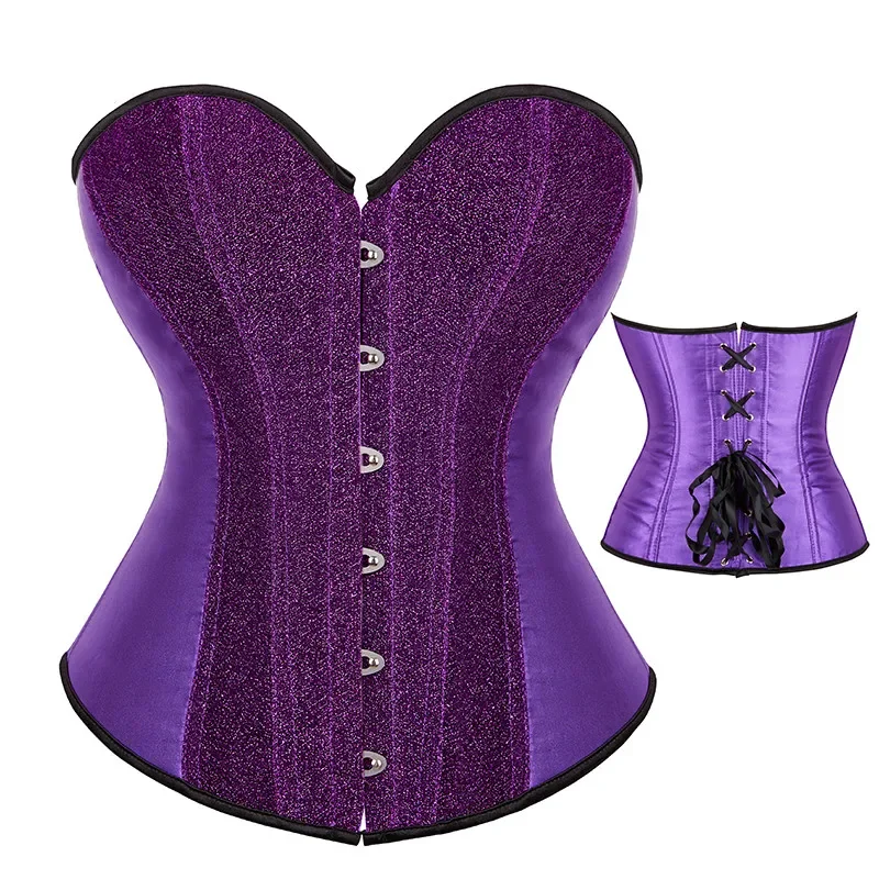 

Sexy Women Corset Satin Sequin Overbust Bustier Lace-up Top Corselet Club Party Clothes