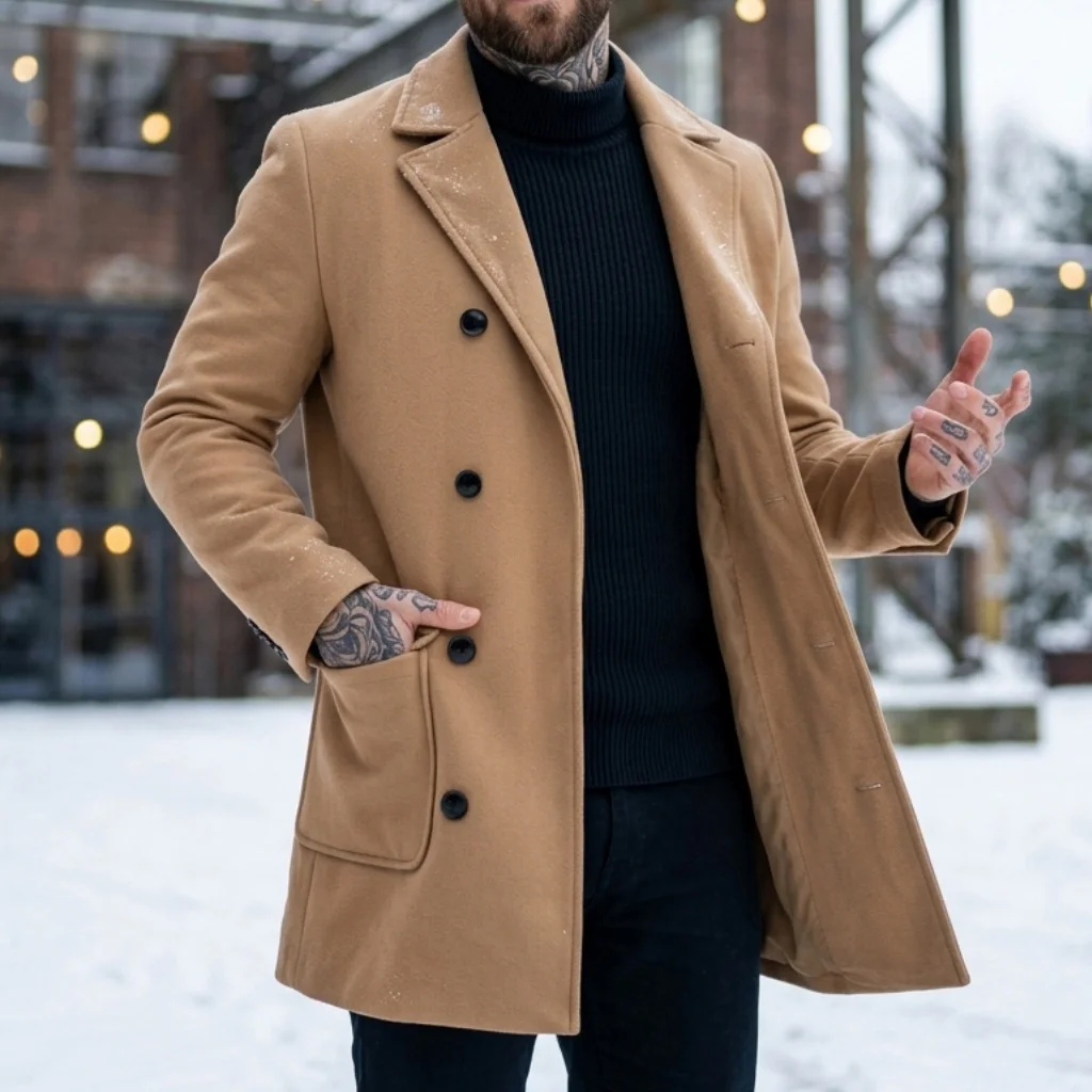 British Men’s Jacket Autumn/winter Street-style Trench Coat Double-breasted Casual Outerwear Solid Notched-lapel Jacket Man