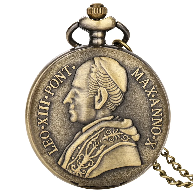 

Vintage Carved Pope Gregory Xiii of Rome Design Arabic Number Display Unisex Quartz Movement Pocket Watch Retro Necklace Chain