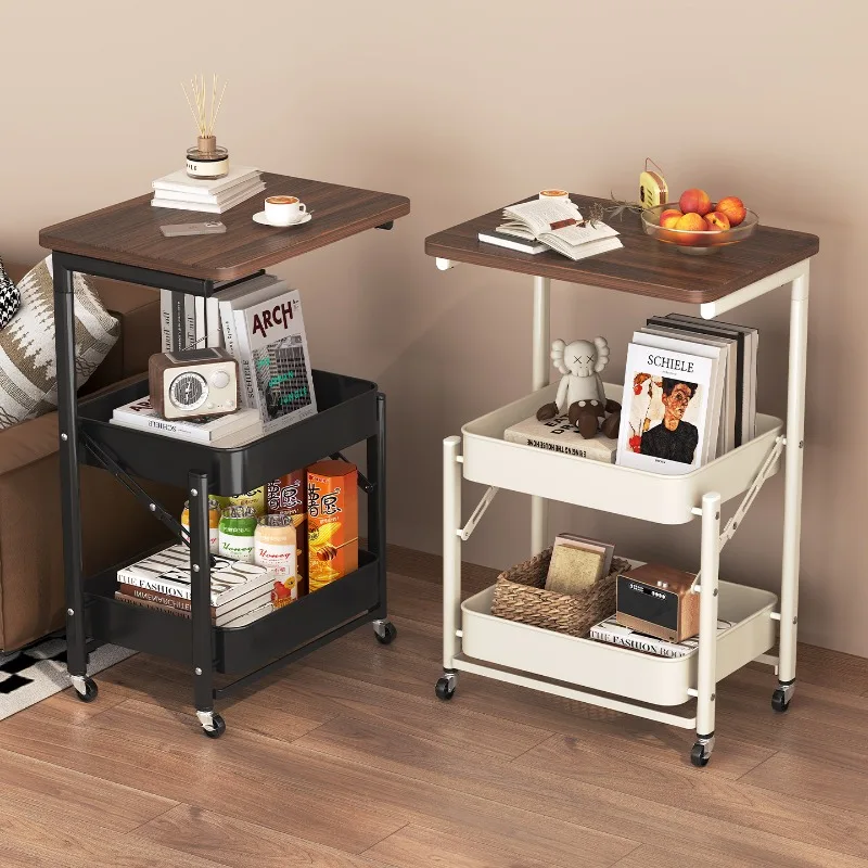Foldable Rolling Sofa Side Table Cart Multi Layer Storage Snack Organizer Wheels Trolley Cart Storage Cart Kitchen Furniture