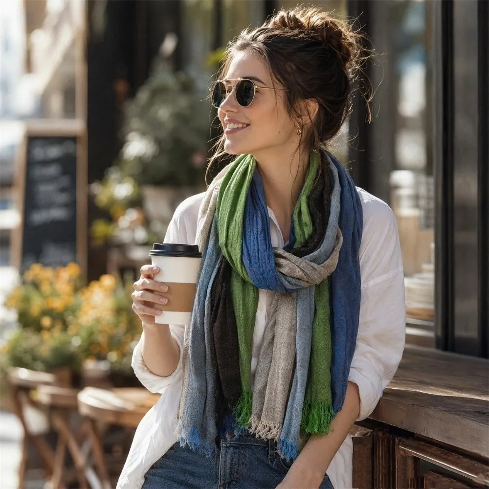 Versatile Color Block Striped Cotton Linen Scarf Polyester Soft Crinkled Fringe Neck Wrap Dual-Use Large Size Neck Warmer Spring