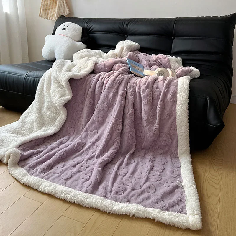 Luxury Lamb Wool Flower Jacquard Blanket Solid Color Thickened Warm Sofa Leisure Blankets Autumn and Winter Skin-Friendly Quilt