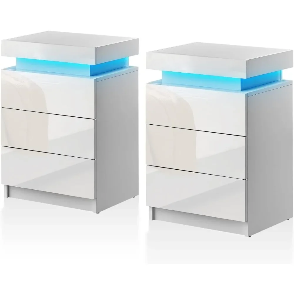 Set of 2 Nightstand with LED Light, High Gloss Cabinet with 3 Drawers and Top Storage, Easy To Clean, Bedside Table