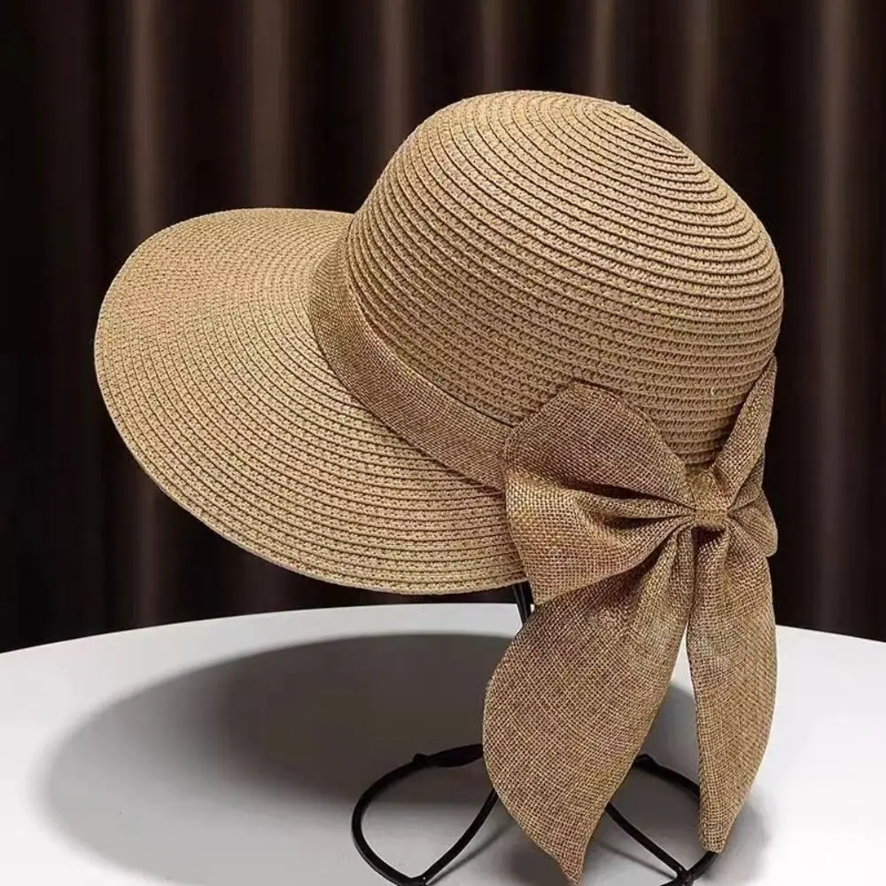 Sommer-Sonnenhut mit UV-Schutz, breiter Krempe, atmungsaktiv, Strandkappe, Schleife, lässiger Strohhut für Damen
