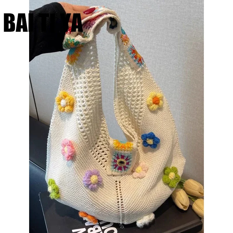 

Большая вместительная тканая хлопковая сумка-тоут с цветочным принтом, лето 2023, новинка Sle, повседневная сумка для отдыха, полая сумка-тоут для молодежи