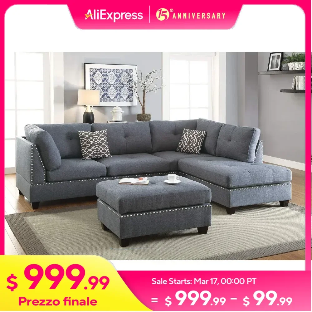 

Living Room Sofas,Tufted Seat and Back Grey ，Upholstered Sectional Sofa