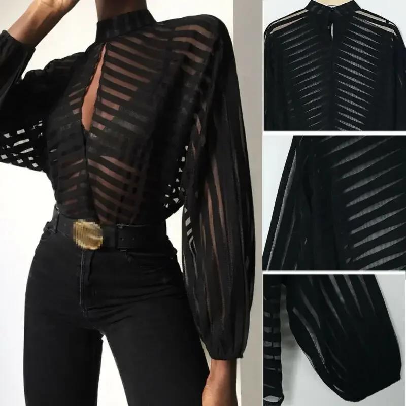 Women Mesh Sheer Blouses Ladies Long Sleeve Striped Front Hollow Out Transparent Shirts Blusas Mujer Camisas Sexy Black