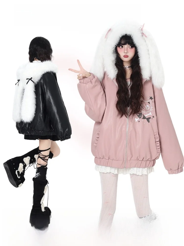 Crazygirl Original Heavy Design Rabbit Ear Hooded Jacket Cotton Inserted Versatile Outerwear Winter Thickened Long Sleeve Coat