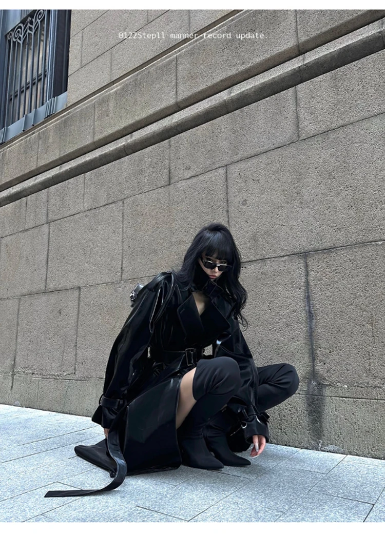Lautaro Spring Autumn Extra Long Oversized Cool Reflective Shiny Black Patent Leather Trench Coat for Women Belt Runway Fashion