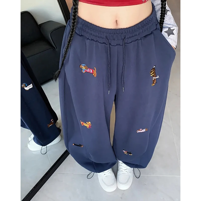 American Vintage Cute Puppy Pants Women Street Loose Casual Wide Leg Trousers Embroidered High Waisted Jazz Hiphop Preppy Pants