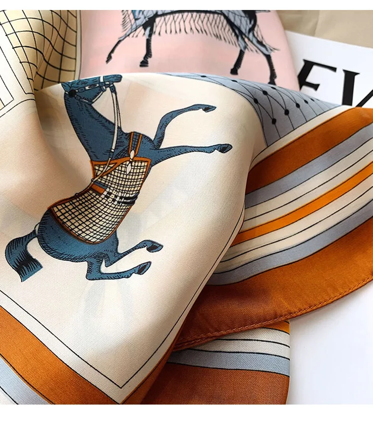 Neuer quadratischer Seidenschal mit Vier-Jahreszeiten-Pferd-Aufdruck, 70 x 70 cm, modisches Vier-Jahreszeiten-Stirnband, luxuriöser Sonnenschutz-Schal, Bandanas – Detail 8