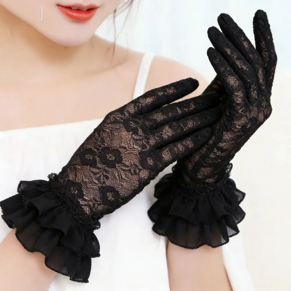 Women Thin Mesh Lace Gloves Fashion Ruffle Full Finger UV Proof Driving Mittens