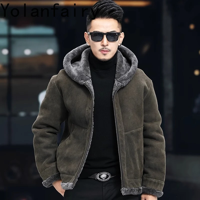 YOLANFAIRY Winter Natural Wool Fur Coat Man Real Sheepskin Leather Jackets Hooded Reversible Genuine Fur Coats Jacket Warm Wear
