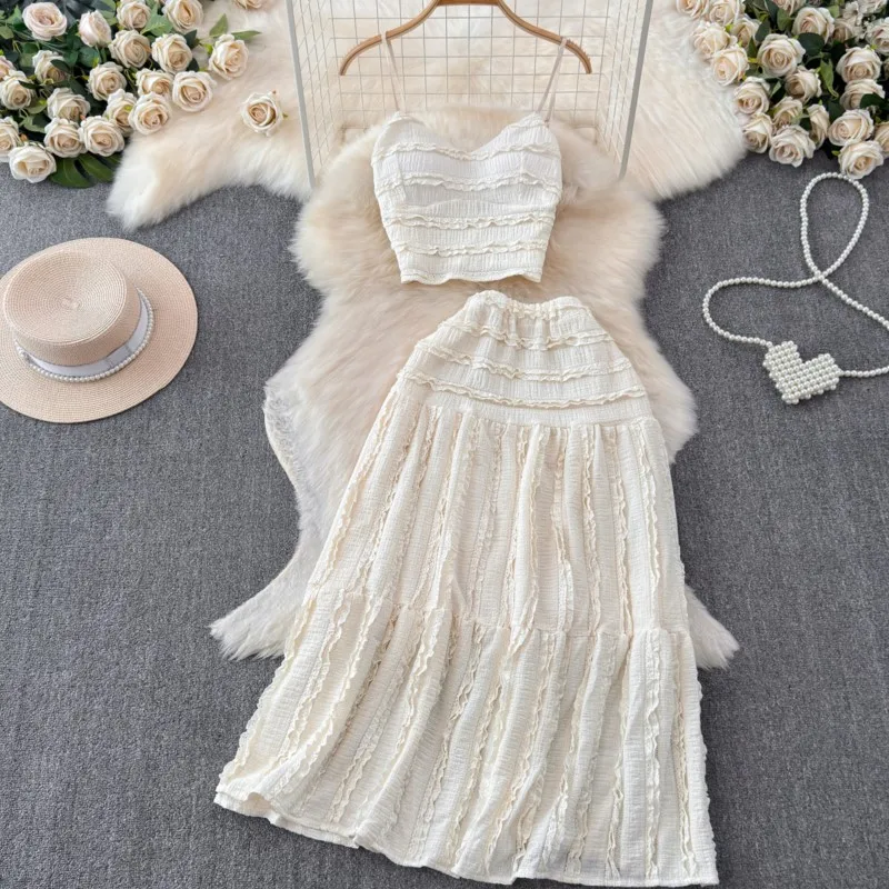 Elegant and Chic Women Summer Skirts Suit Spaghetti Strap Crop Tops A-Line Saya Outfits Female Beach Holiday Two Pieces Set