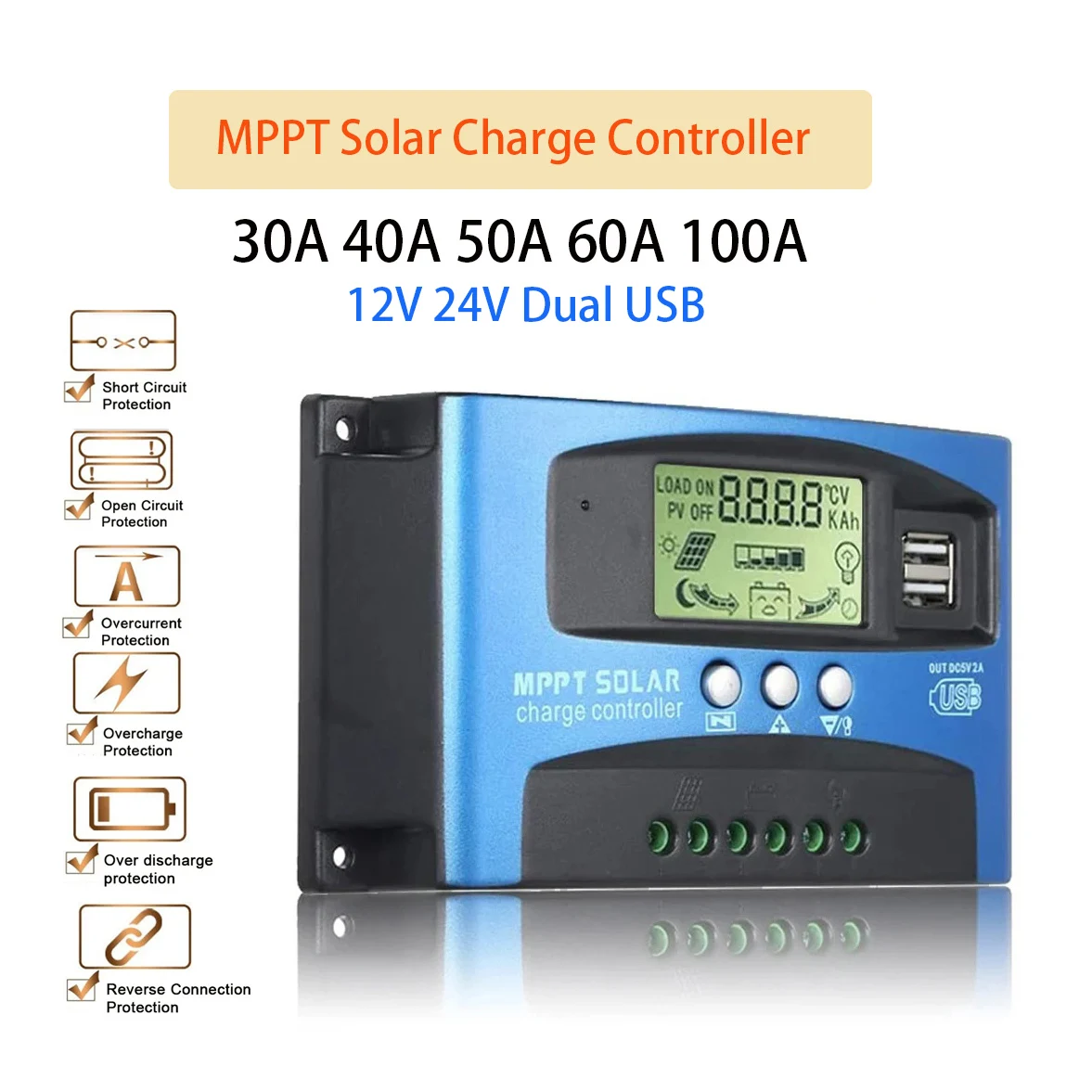 30A 40A 50A 60A 100A MPPT Solar Charge Controller 12V 24V Dual USB Auto Solar Regulator LCD PV Controller For LiFePO4 Battery