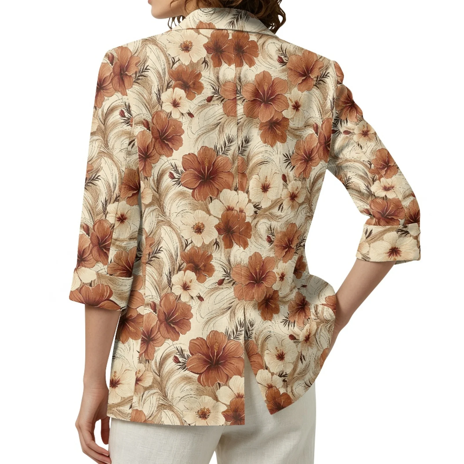 PENSTROLL Brown Hibiscus Print Linen Style Open Front Button Cardigans for Going Out Lightweight Outerwear Fall Jackets
