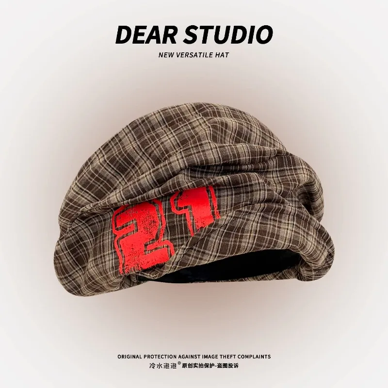 

Japanese Plaid Octagonal Newsboy Caps Women's Spring and Summer Street Large Version Pleated Soft Brim Fashion Painter Hat