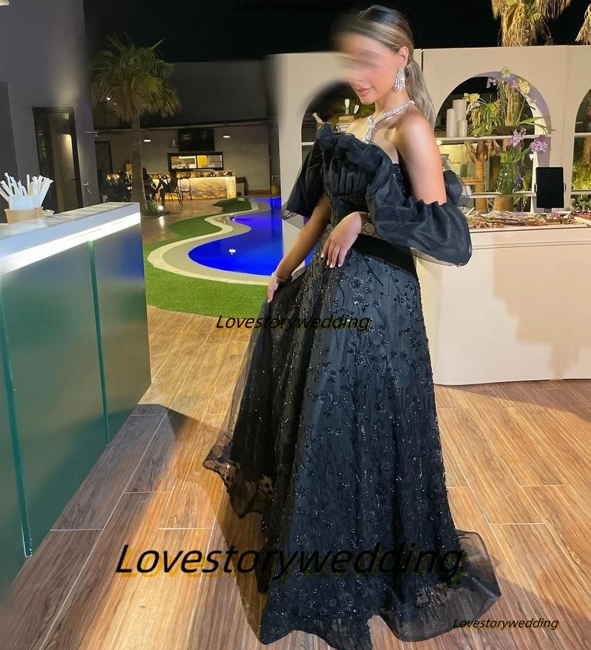 Lovestory Black Flowers Lace A Line Prom Dresses Ruched Off Shoulder Robe Des Marrige Zipper Back Birthday Party Evening Gowns