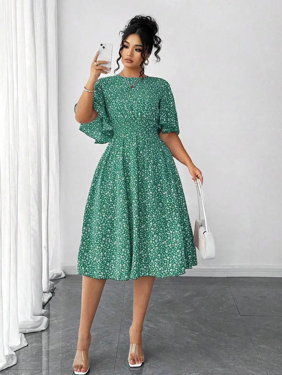 

Plus Size Women Ditsy Floral Round Neck Ruffle Sleeve Elastic Waist A-Line Midi Dress Casual Elegant