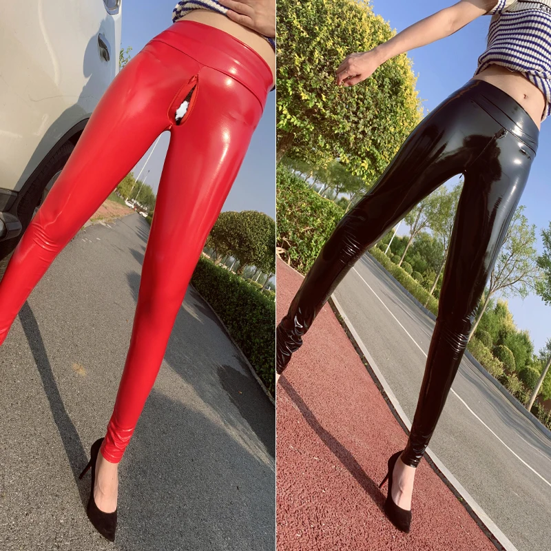 

Outdoor Women's iny Leather Tight Pants Hollow out Yoga Pants Zipper Design Base Layer Pants Long Pants Thin Material