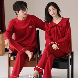 Autumn Lovers Pajamas Festive Red Long Sleeve Male Pajama Set Men Knit Cotton Pyjamas For Women Sleepwear Suit Couple Homewear