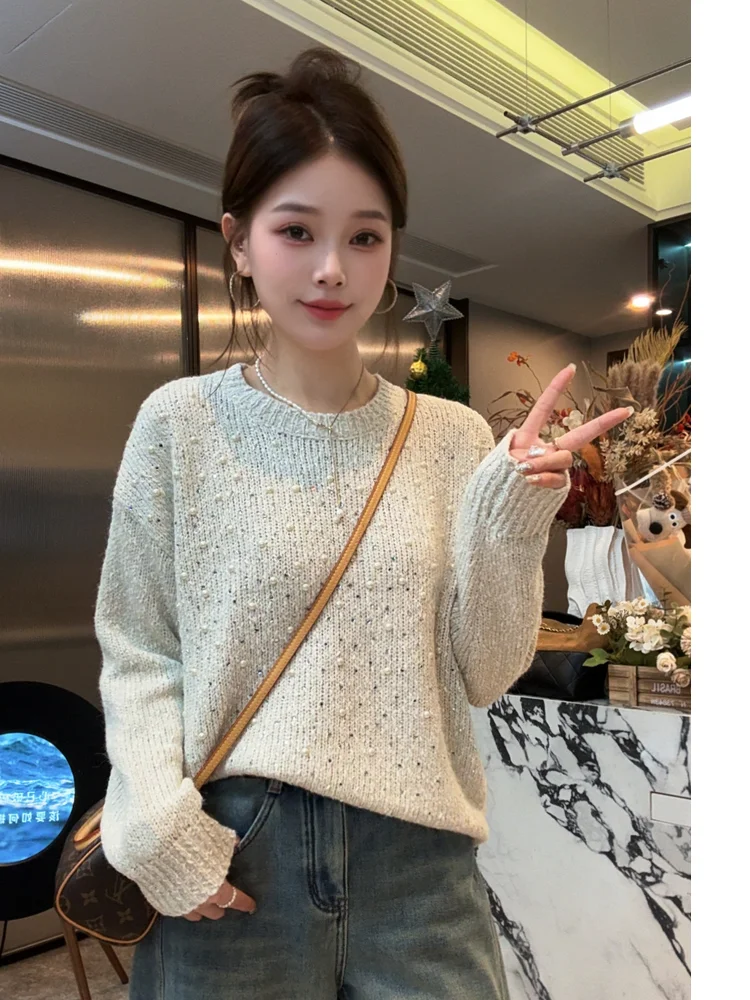 

Модный женский трикотажный джемпер с блестящим узором «Звездная река», мягкий, прямого кроя, с бисером, французский стиль, для повседневной носки