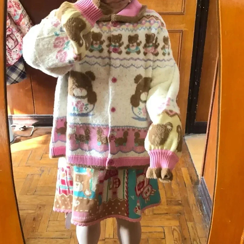 

Japanese Cartoon Jacquard Knitwear Cardigan Women Patchwork Turn Down Collar Grunge Sweater Y2K Aesthetic Casual Button Jacket