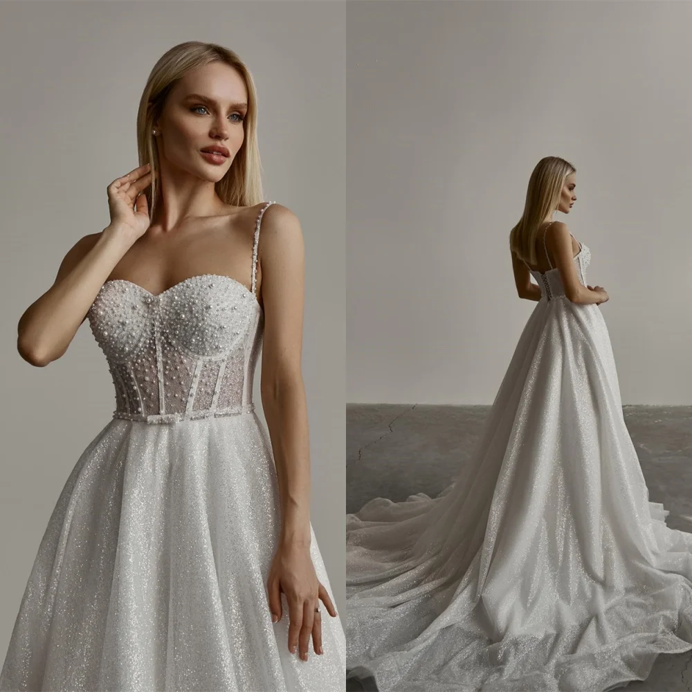 

Customized Elegant Organza Wedding Dress Exquisite Strapless Spaghetti Straps Sleeveless Pearls Chapel Train Bridal Gowns