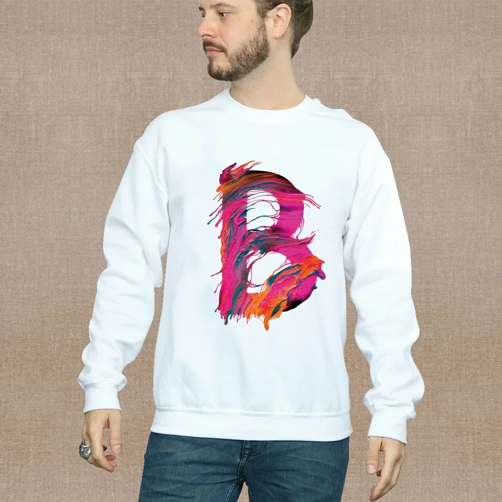 2024 Men Long Sleeve Sweatshirt Pullover Clothing Casual Spray Paint Letters Pattern Printing Round Neck Autumn Warm Hoodie