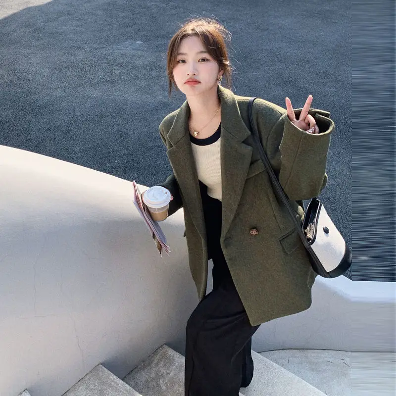 

Korea Olive Green Woolen Suit Jacket Women 2024 Autumn Winter New Loose Casual Suit Woolen Coat Women