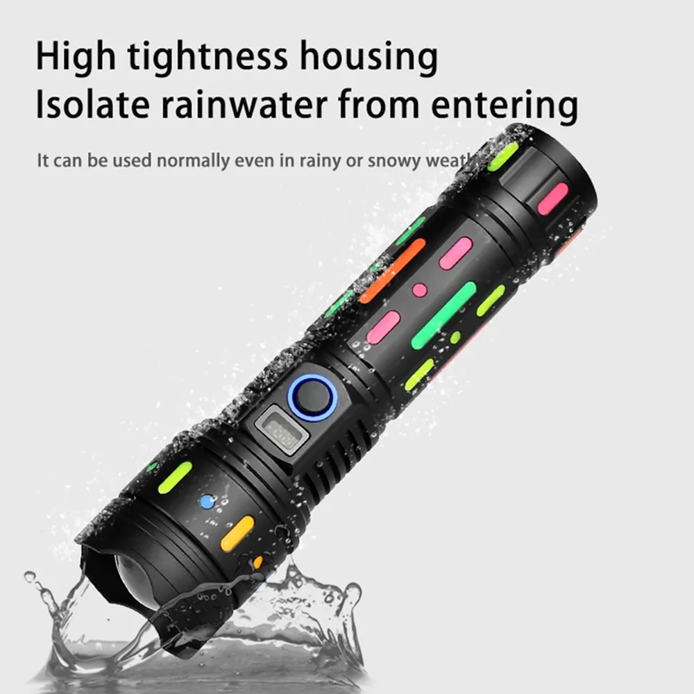 10000mah 2024 Power Spotlight LED Flashlight With Fluorescent Absorbing Film Luminous Colorful Tactical Torch With Power Display