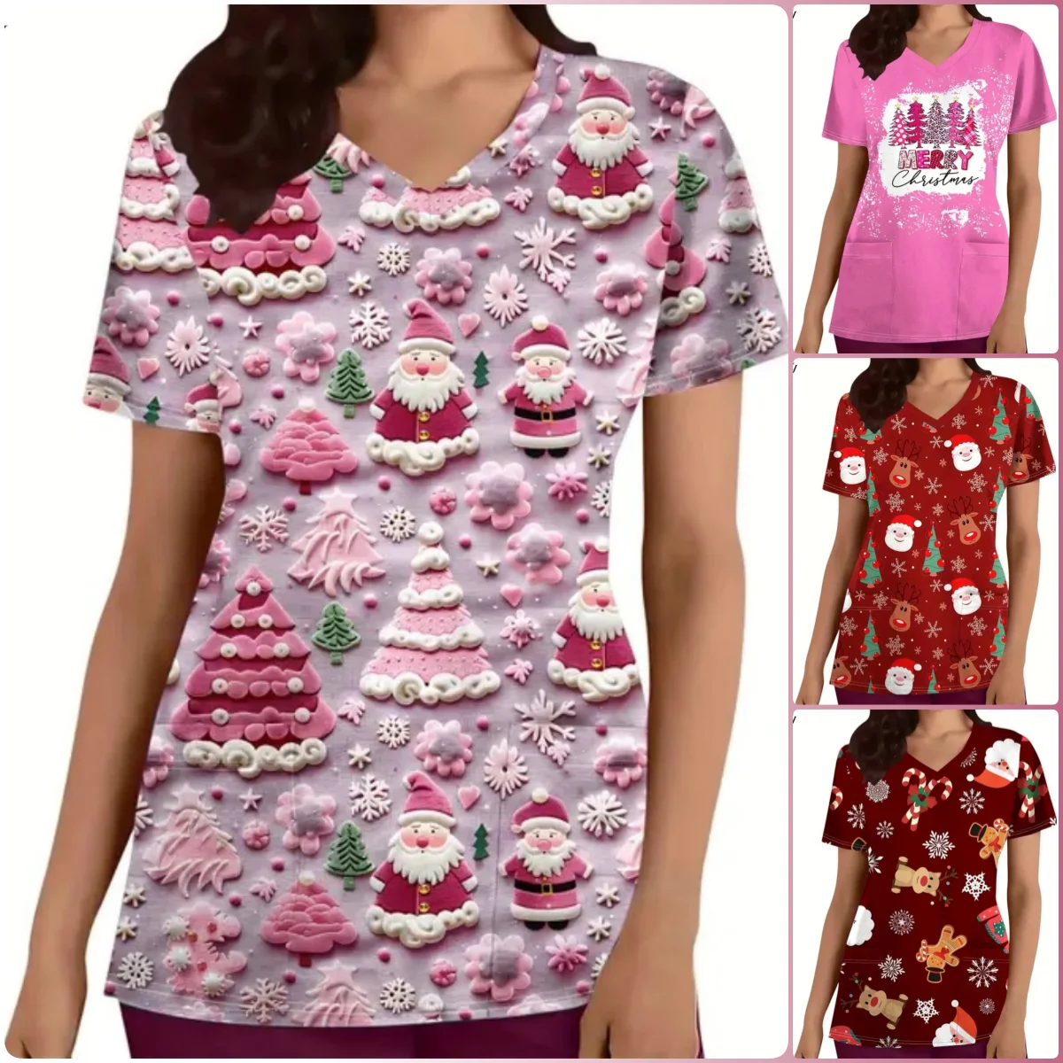 

Women's Christmas Print Nurse Uniform - Pink V-Neck Short Sleeve T-Shirt with Santa Claus, Reindeer & Holiday Motifs Pockets