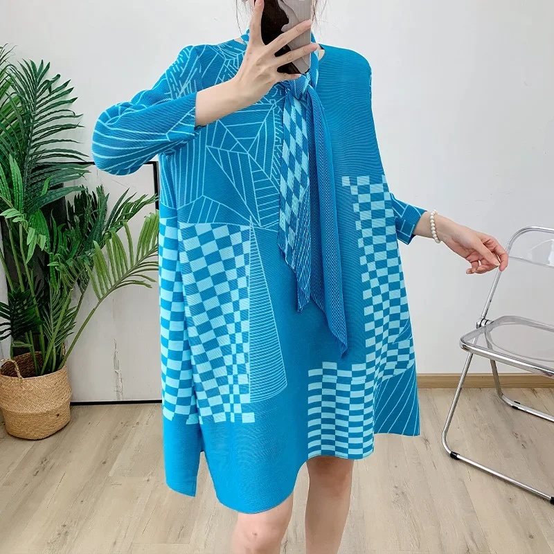 

Pleats Pleated Plus Size Women's Vacation Style Printed Dress Scarf Collar Thin Jittery Skirt Women Pleated Foreign Dresses