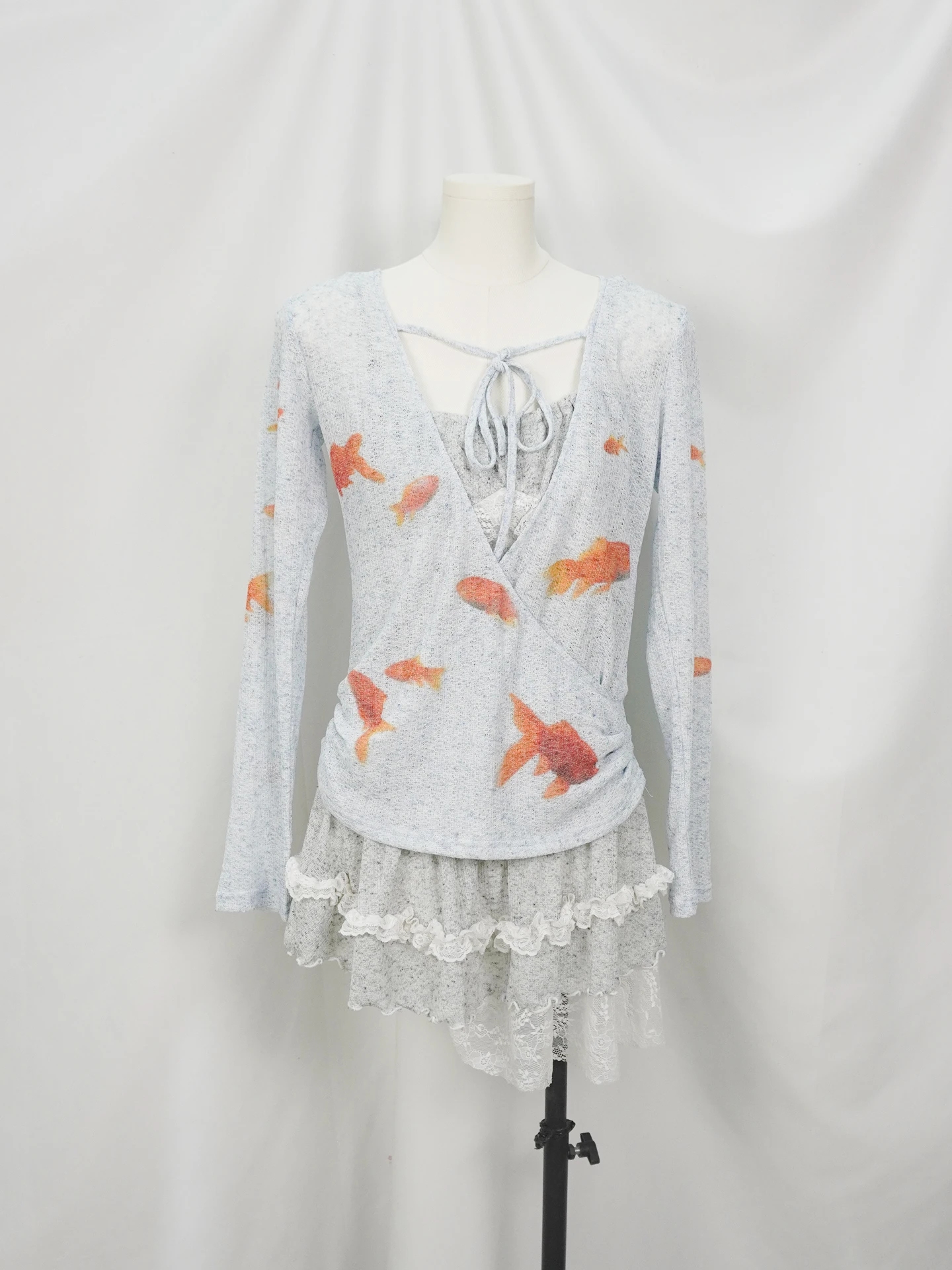 

Light Blue Linen Dream Core Print Long Sleeve Cover up Cardigan Women's Vintage Style Breathable Polyester Blend Knitted Sweater
