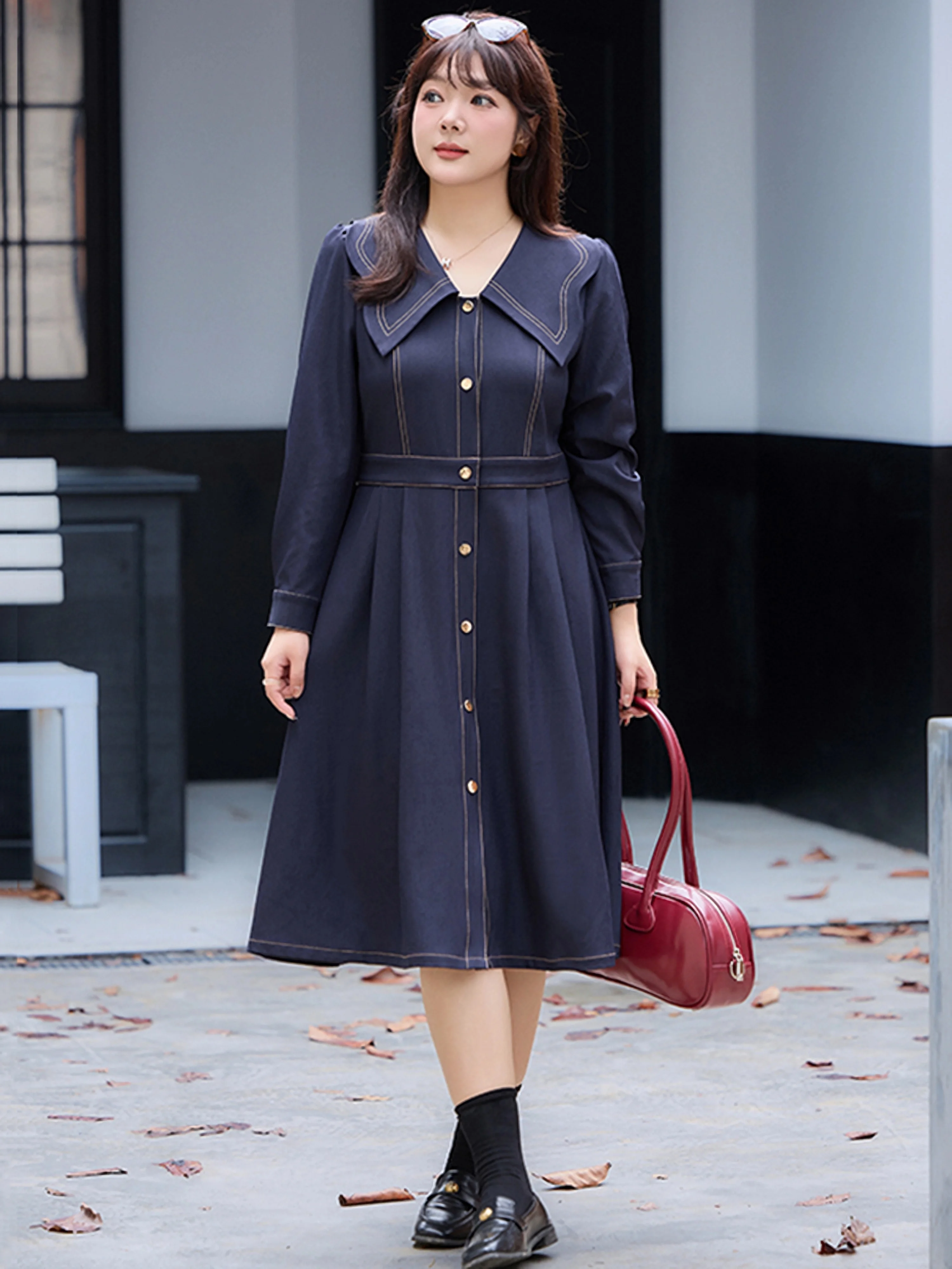 

Autumn and Winter Plus-Size Women's Casual Dress Loose Comfortable Navy Blue Commuting Long Dress 2024 New Women's Clothing Big