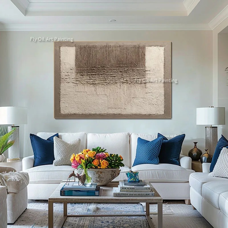 Original Handmade Thick Texture Oil Painting, Earth Tone Striped Abstract Palette Knife Canvas Wall Artwork