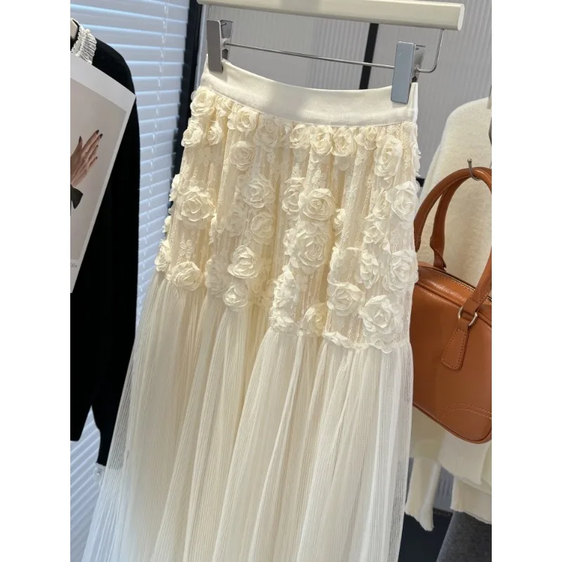Spring Summer Pure Sweet Age-reducing Three-dimensional Flower Skirt  Women Elegant New Mesh High-waist Women Long Skirt
