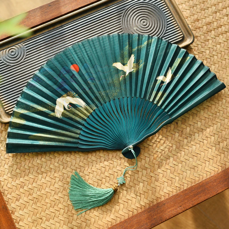 Vintage China-Chic Cheongsam Hanfu Fan Ancient Style Cloth Handmade Bamboo Ribs Folding Fan Dance Performance Portable Hand Fan