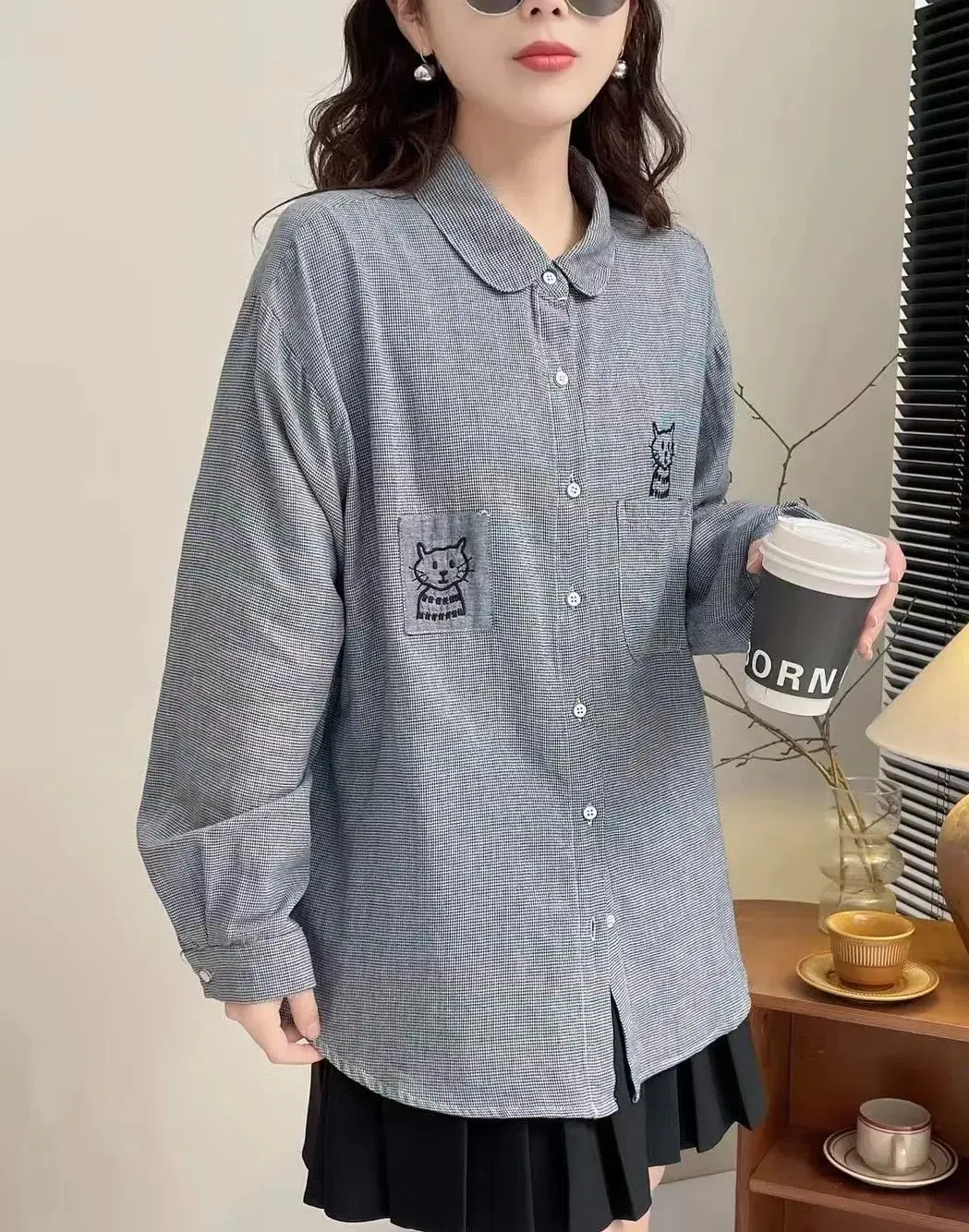 Women\'s shirts 100% cotton yarn checkered shirts autumn women\'s long sleeve cartoon cats embroider shirts tops