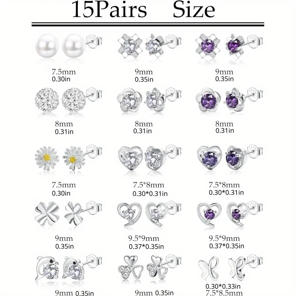 Drperfect 15pairs Earrings Set Pearl Crystal Round Heart Shape Flower Butterfly Stud Jewelry for Women