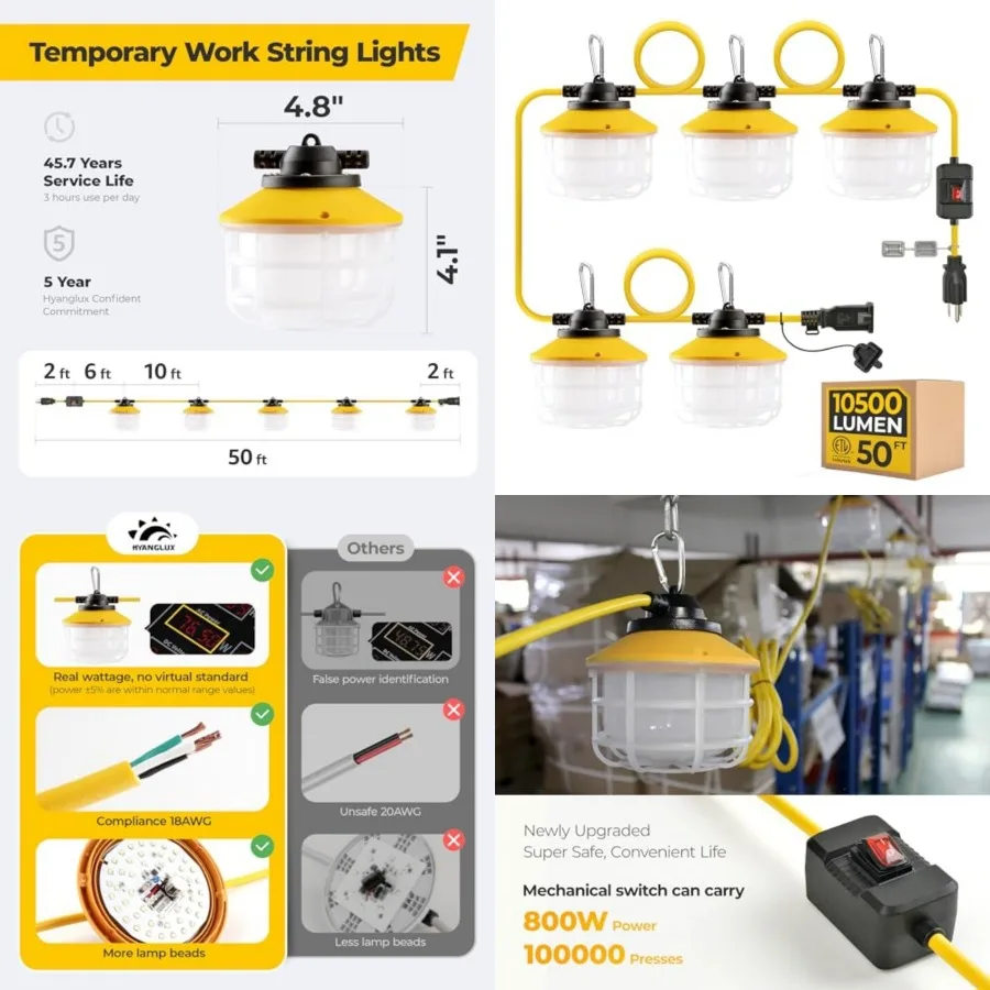 

Outdoor Construction LED String Lights with Switch: Super Bright ETL Certified Industrial Temporary Hanging Lighting IP65 Water