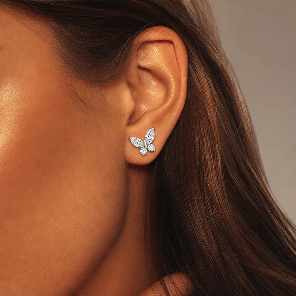 Sparkling Zircon Butterfly Small Stud Earrings for Women Delicate Gold Plated Stackable Piercing Earring Fashion Jewelry Gifts