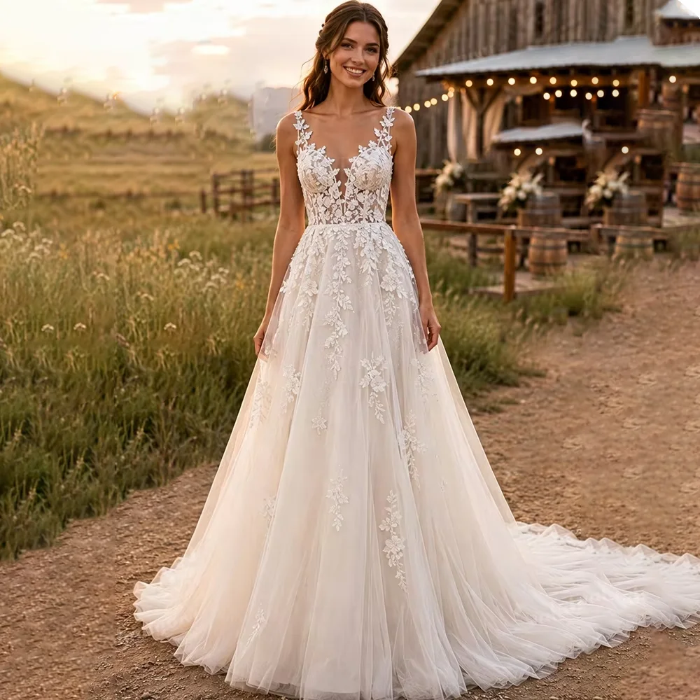 Elegant Lace Wedding Dresses 2026 Luxury A Line Bridal Gown Spaghetti Straps Bride Dress Vestido De Novia Romantic Formal Gown