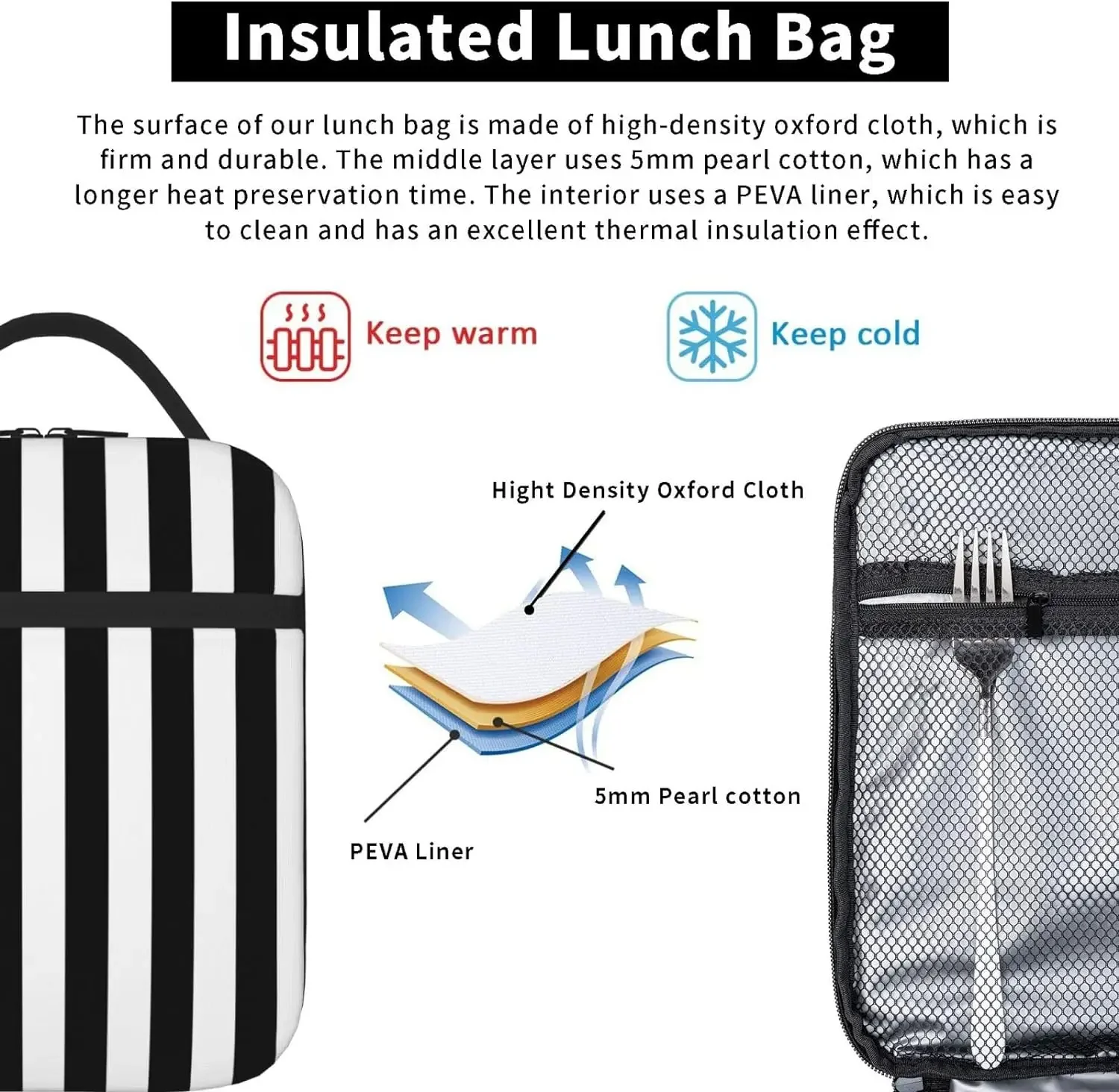 Black White Stripe Lunch Bag For Women Men Insulated Reusable Lunch Box Cooler Totes For Work Office Picnic Camping Travel