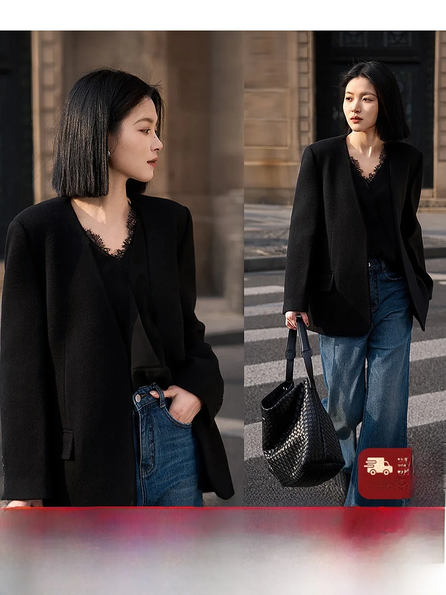 

Xhange Cloud Island Spun Wool oulder Padded Suit Women's Faion Spring 2026 Long Sve Warm mid Waist Open Front Coat