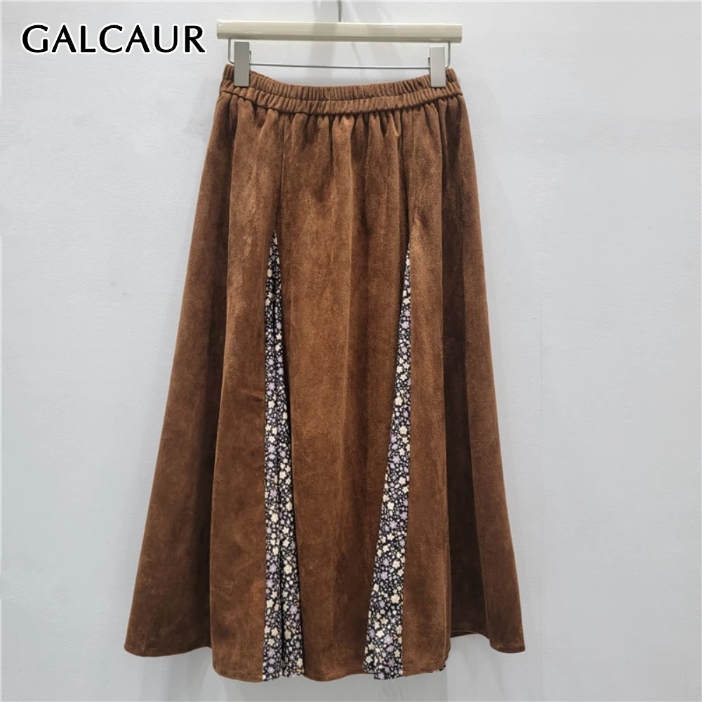 

GALCAUR Coffee Spliced Floral Retro Skirt Female High Waist Loose Temperament Irregular Women's Skirts Autumn Fashion Style New